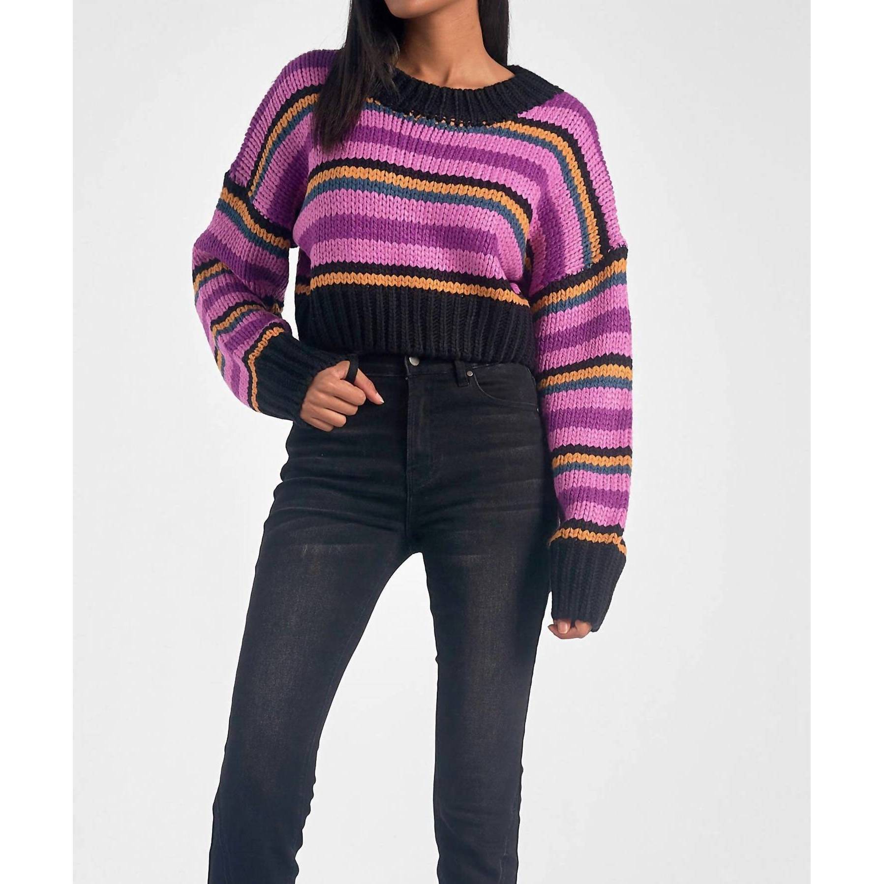 New Elan Striped Cropped Sweater In Purple